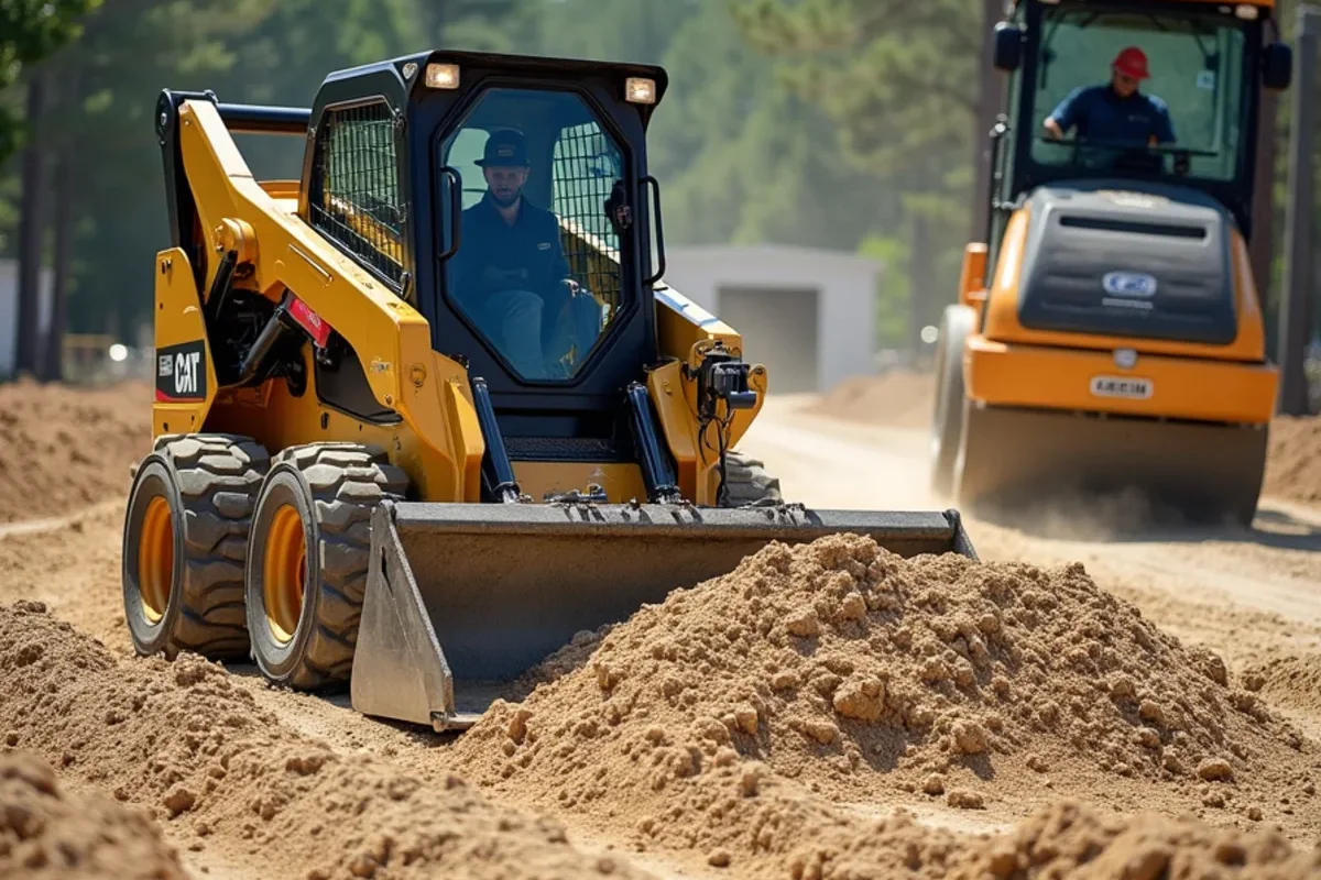 Spreading and compacting crushed stone base over sandy loam subsoil in Jackson