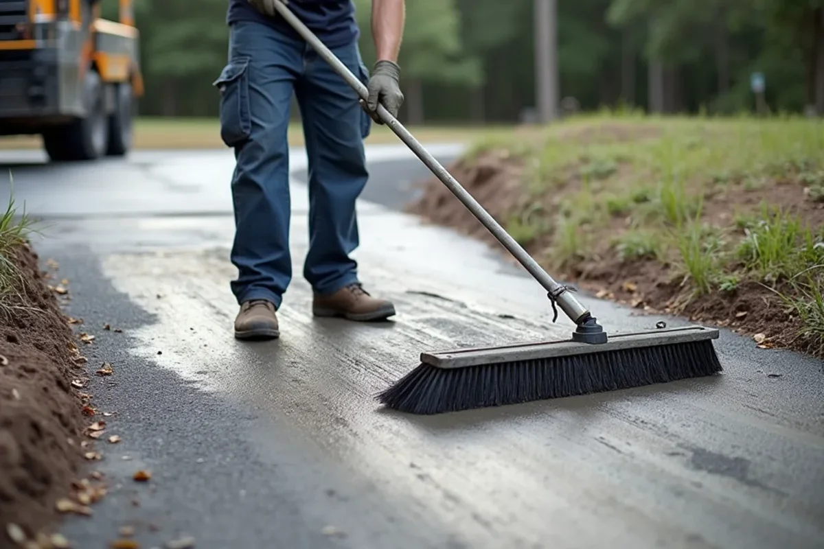 Applying heavy broom texture to inclined concrete driveway on Lake Thurmond hillside lot