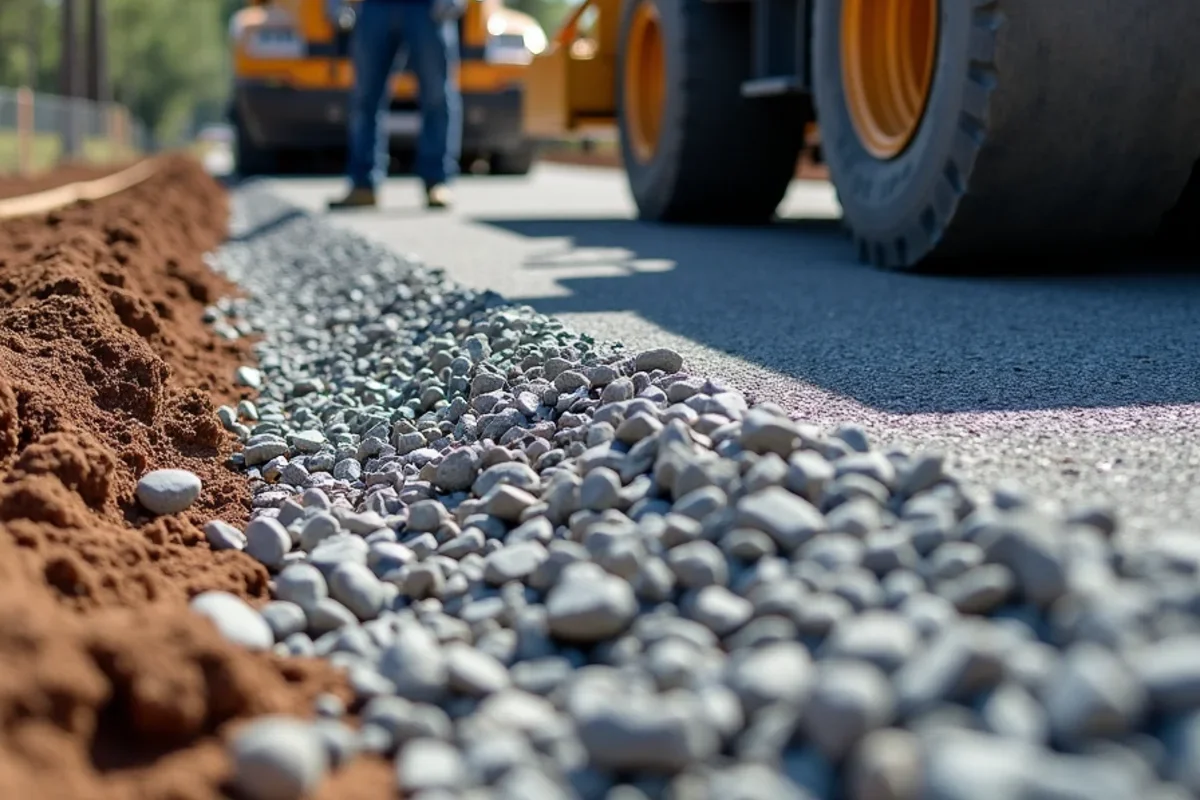 Heavy plate compactor consolidating 4-inch CR-14 stone base course in New Ellenton