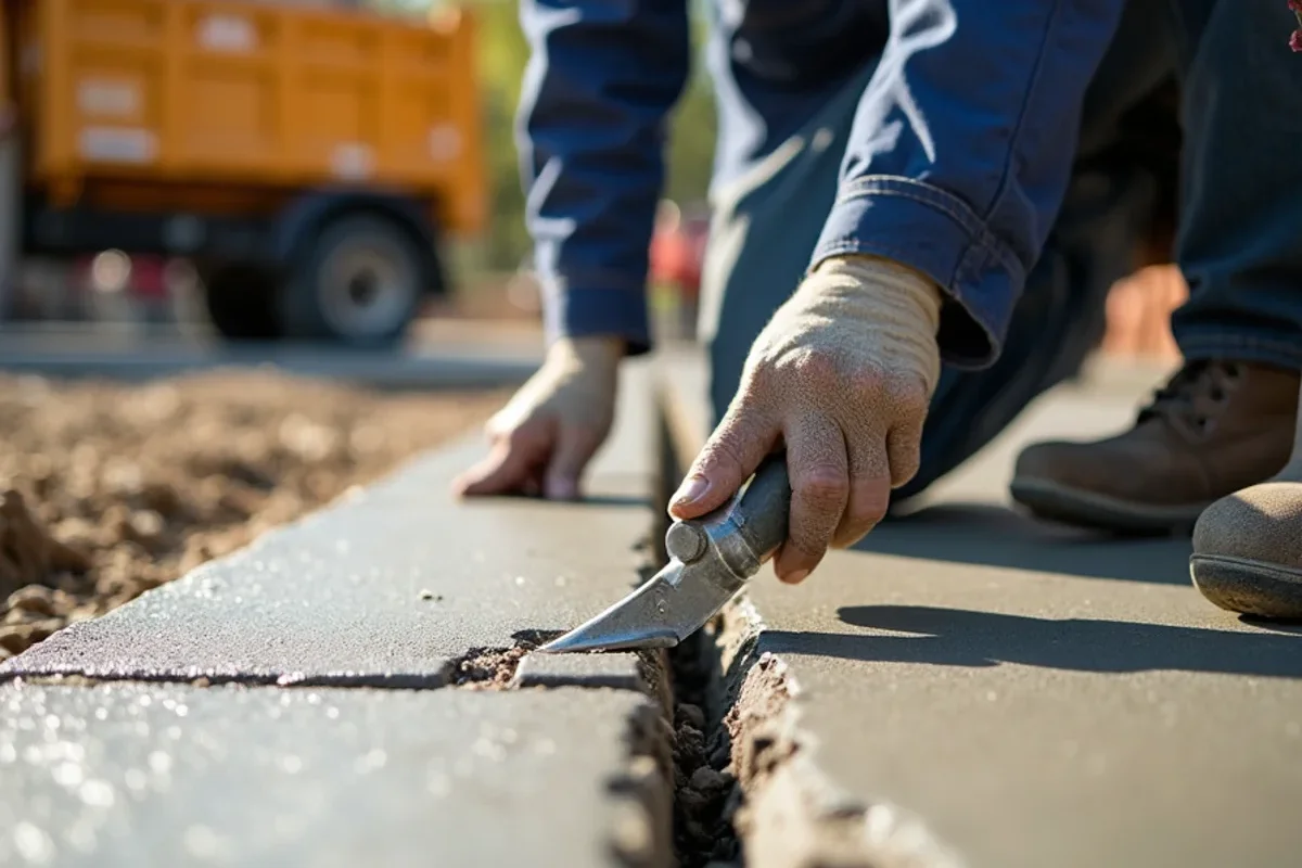 Artisan hand-tooling clean contraction joints in connecting walkway in Ridge Spring