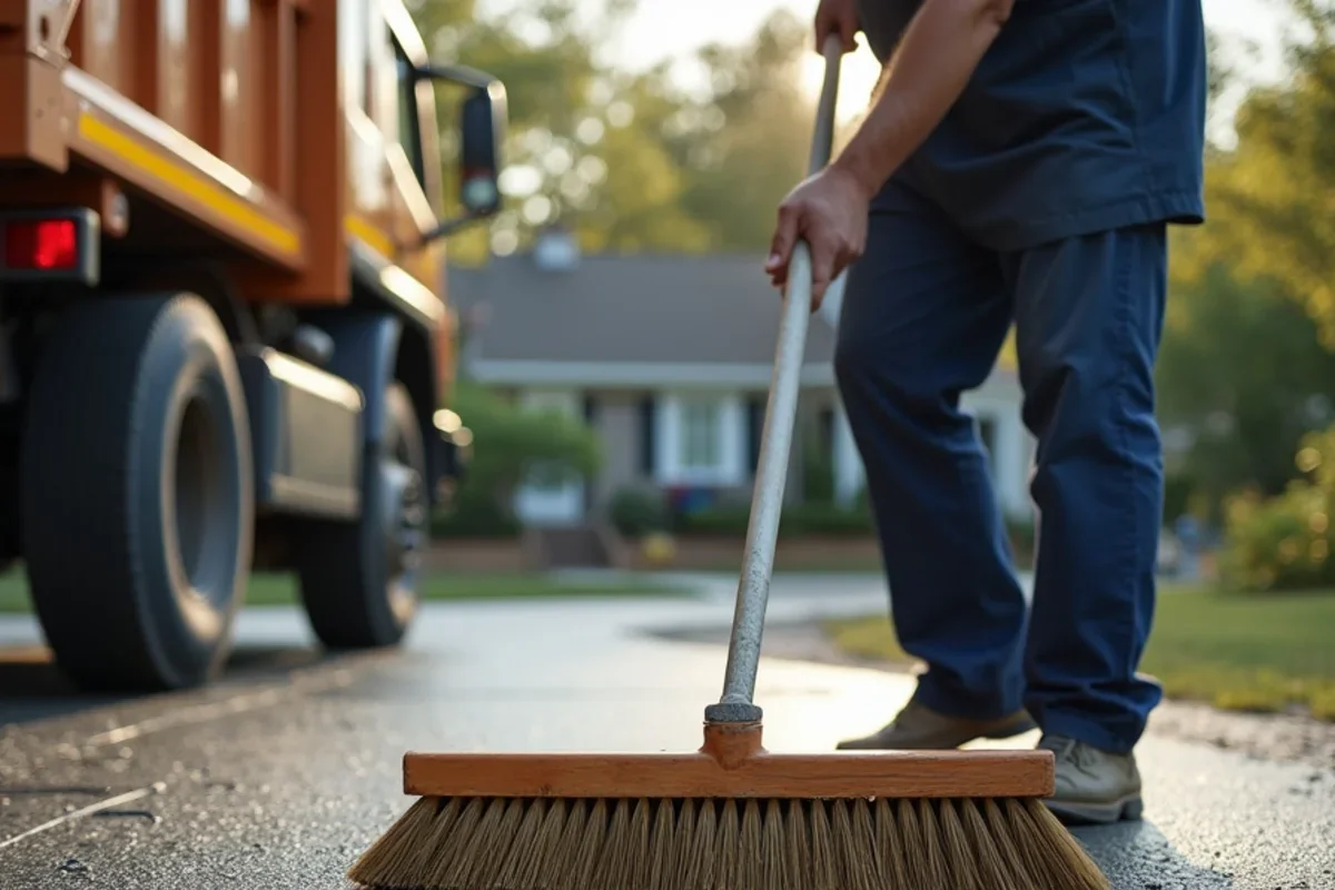 Craftsman applying uniform broom texturing across wide driveway slab in Saluda