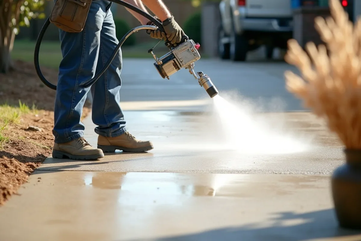 Applying clear penetrating silane sealer across finished driveway slab in Saluda
