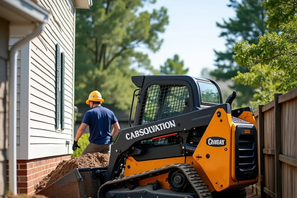 Narrow-track mini skid steer navigating residential side yard for patio excavation in Warrenville