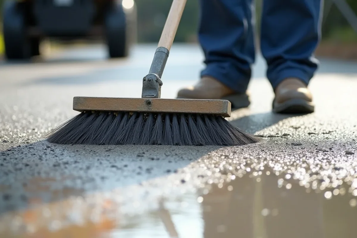 Technician pulling soft broom across surface creating safe non-slip texture on Warrenville driveway