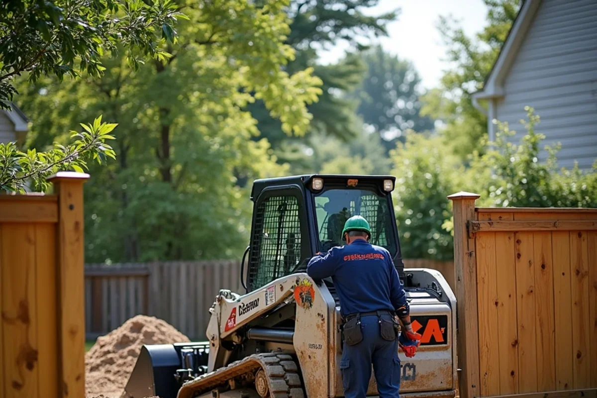 Compact track loader hauling crushed stone through residential gate in Williston