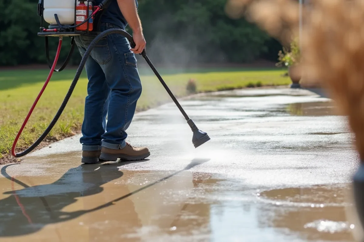 Applying clear penetrating silane-siloxane sealer to finished concrete patio in Williston