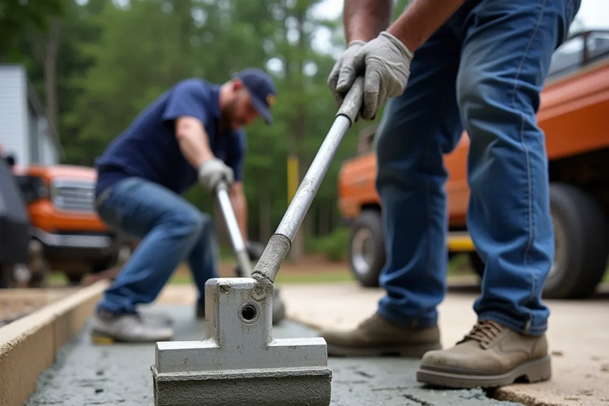 Concrete artisans tamping interlocking polyurethane texturing stamps into plastic concrete surface