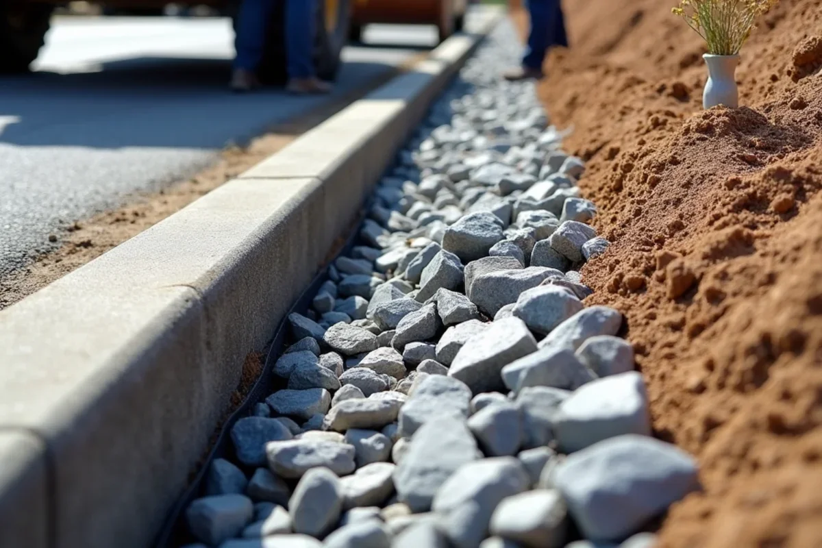 Heavy granite Class 1 rip-rap stone placed over geotextile filter fabric along concrete driveway shoulder